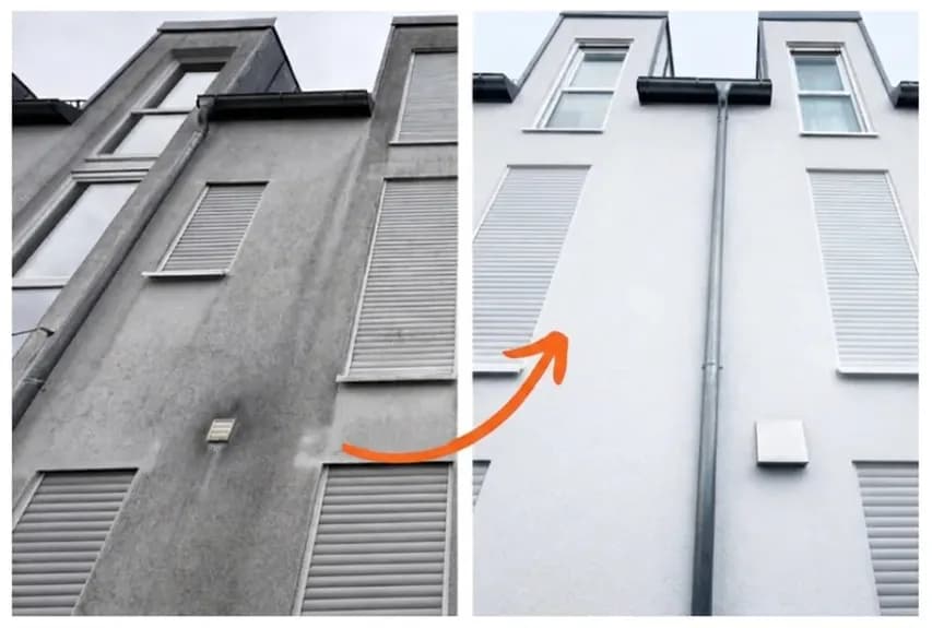 Stadthaus-Fassade vor und nach der Reinigung im direkten Vergleich